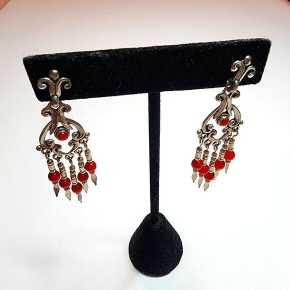 CAROLYN POLLACK Q.T. Sterling Silver Red Coral Ornate Dangle Earrings Pierced